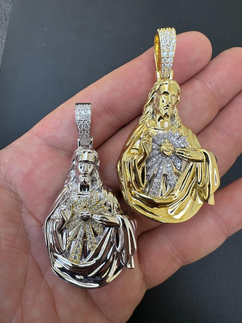 MOISSANITE Sacred Heart Jesus Pendant - 14k Gold Vermeil Or 925 Silver - Large 2.5"
