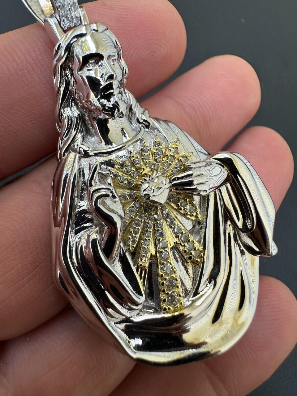 MOISSANITE Sacred Heart Jesus Pendant - 14k Gold Vermeil Or 925 Silver - Large 2.5"