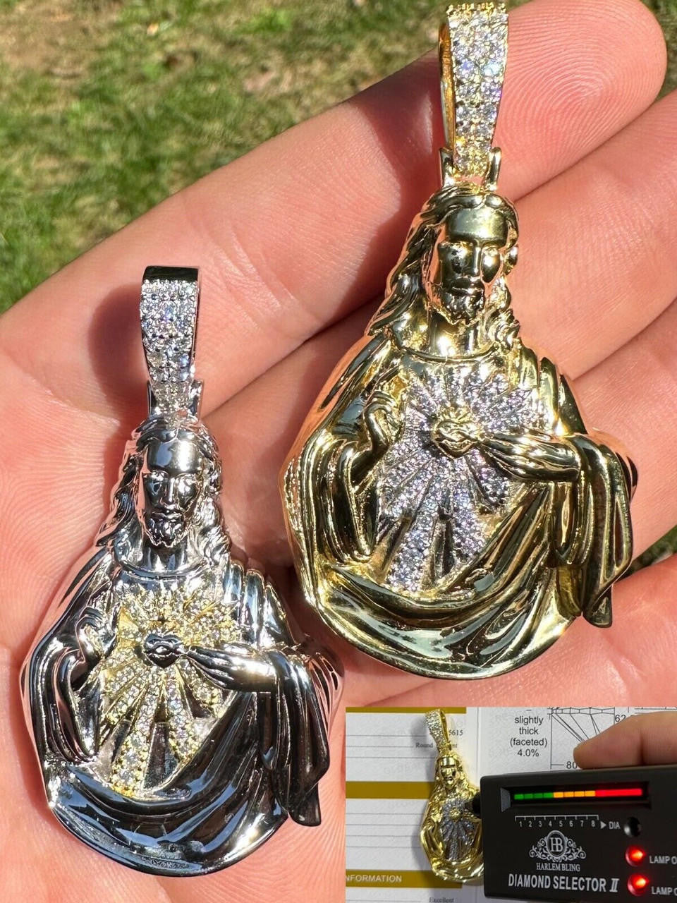 MOISSANITE Sacred Heart Jesus Pendant - 14k Gold Vermeil Or 925 Silver - Large 2.5"