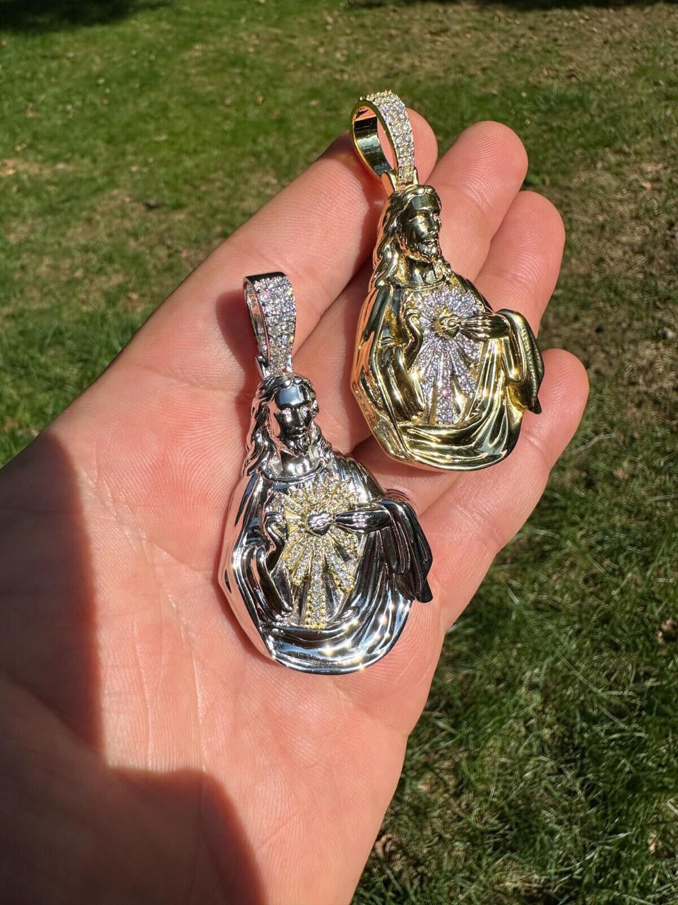 MOISSANITE Sacred Heart Jesus Pendant - 14k Gold Vermeil Or 925 Silver - Large 2.5"