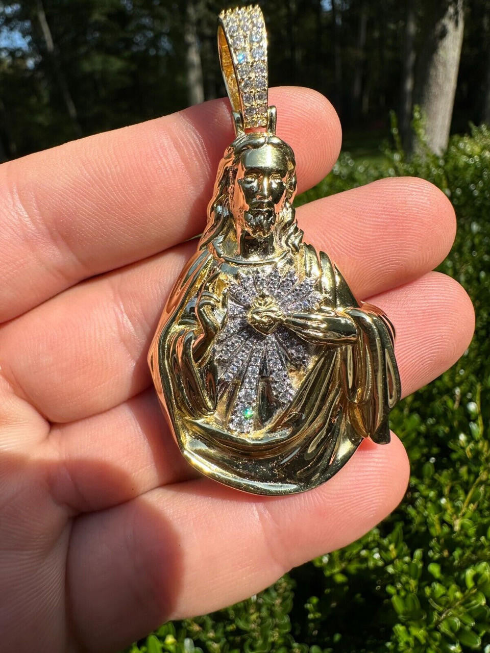 MOISSANITE Sacred Heart Jesus Pendant - 14k Gold Vermeil Or 925 Silver - Large 2.5"