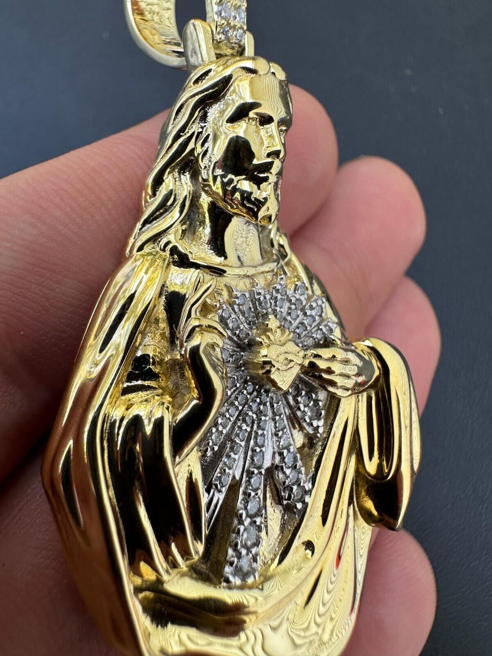 MOISSANITE Sacred Heart Jesus Pendant - 14k Gold Vermeil Or 925 Silver - Large 2.5"