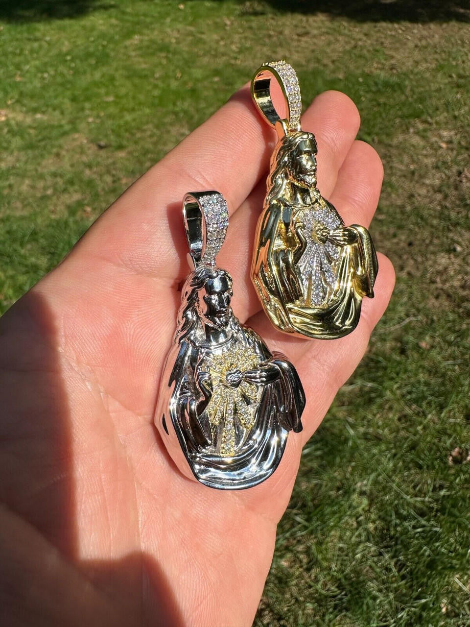 MOISSANITE Sacred Heart Jesus Pendant - 14k Gold Vermeil Or 925 Silver - Large 2.5"