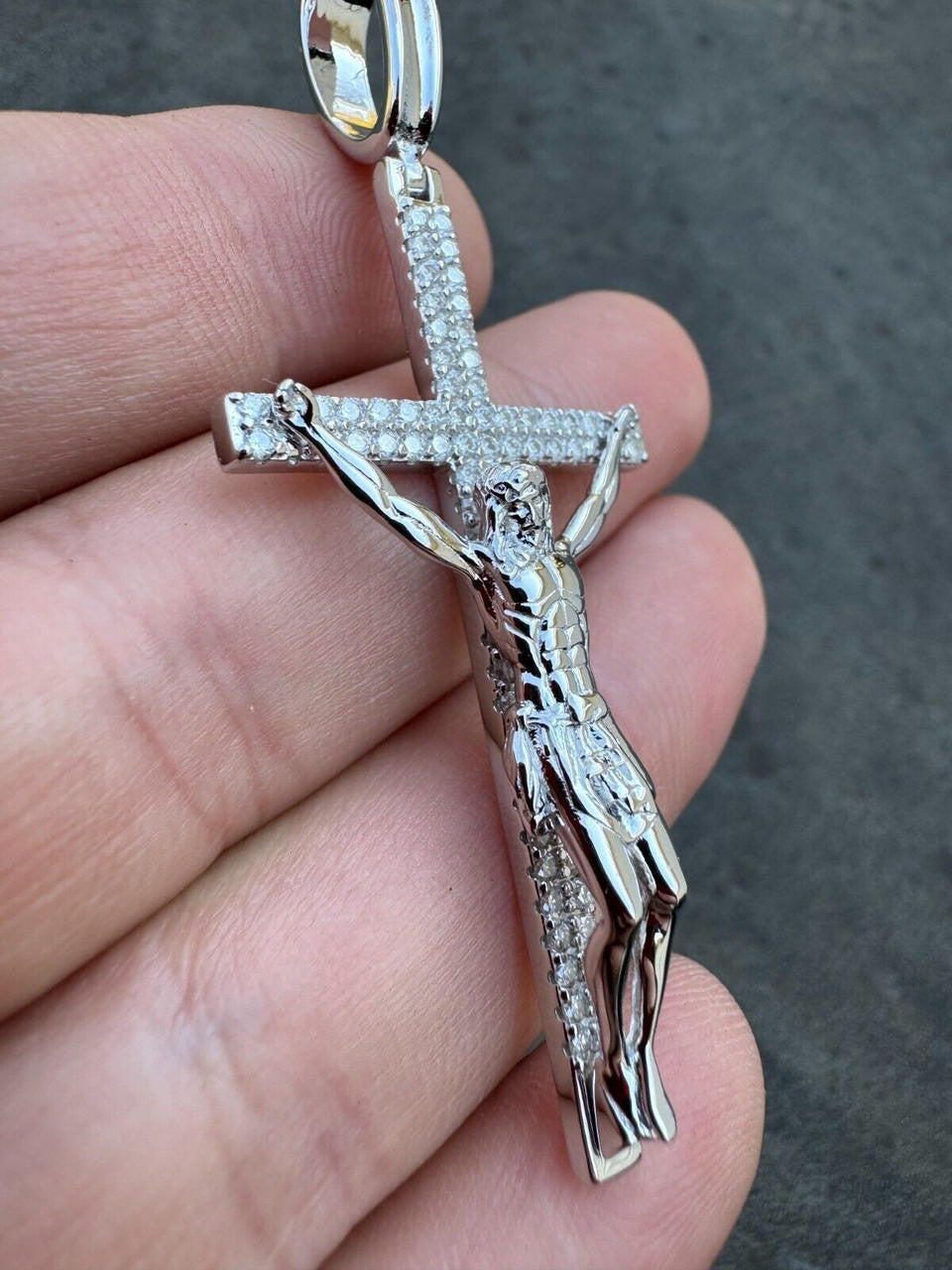Moissanite Real Iced Jesus On Cross Pendant - Real 925 Silver 2" Mens Necklace