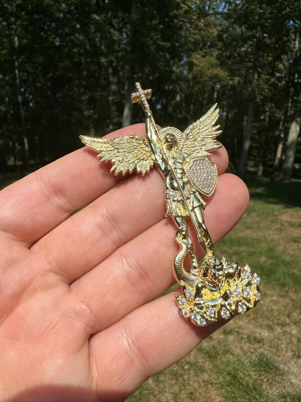 MOISSANITE Saint St Michael Slaying Dragon Archangel Pendant - 10k Yellow Gold - 3 Sizes 1"-3"