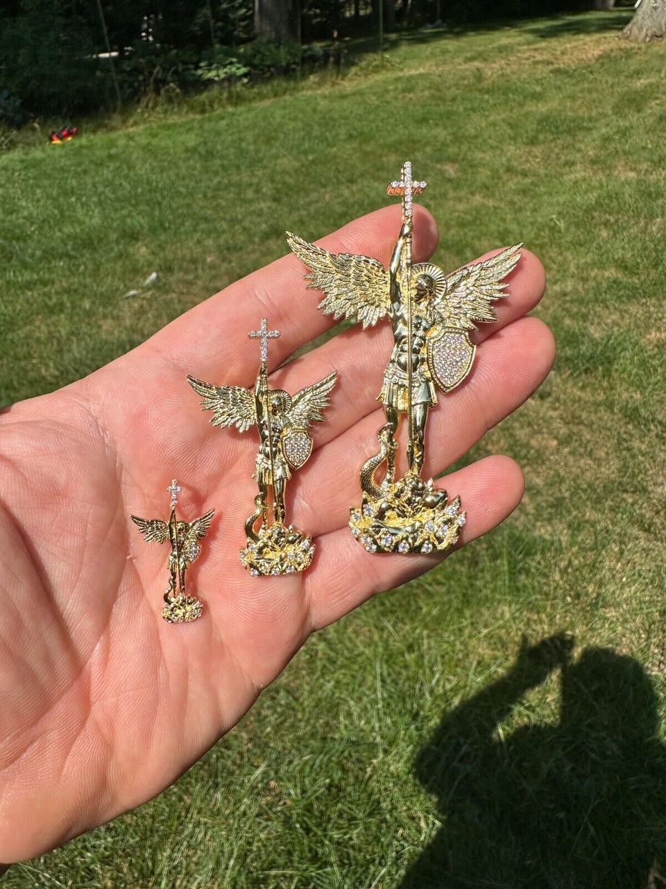 MOISSANITE Saint St Michael Slaying Dragon Archangel Pendant - 10k Yellow Gold - 3 Sizes 1"-3"
