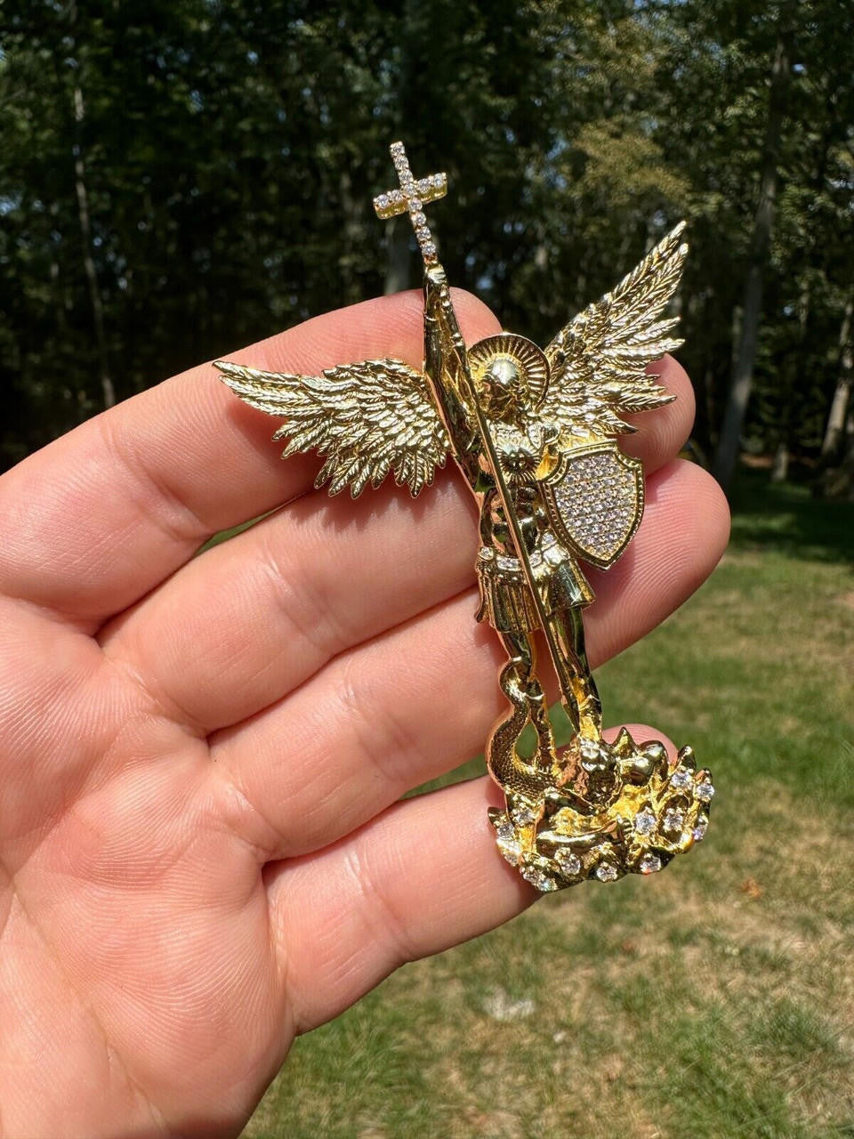 MOISSANITE Saint St Michael Slaying Dragon Archangel Pendant - 10k Yellow Gold - 3 Sizes 1"-3"