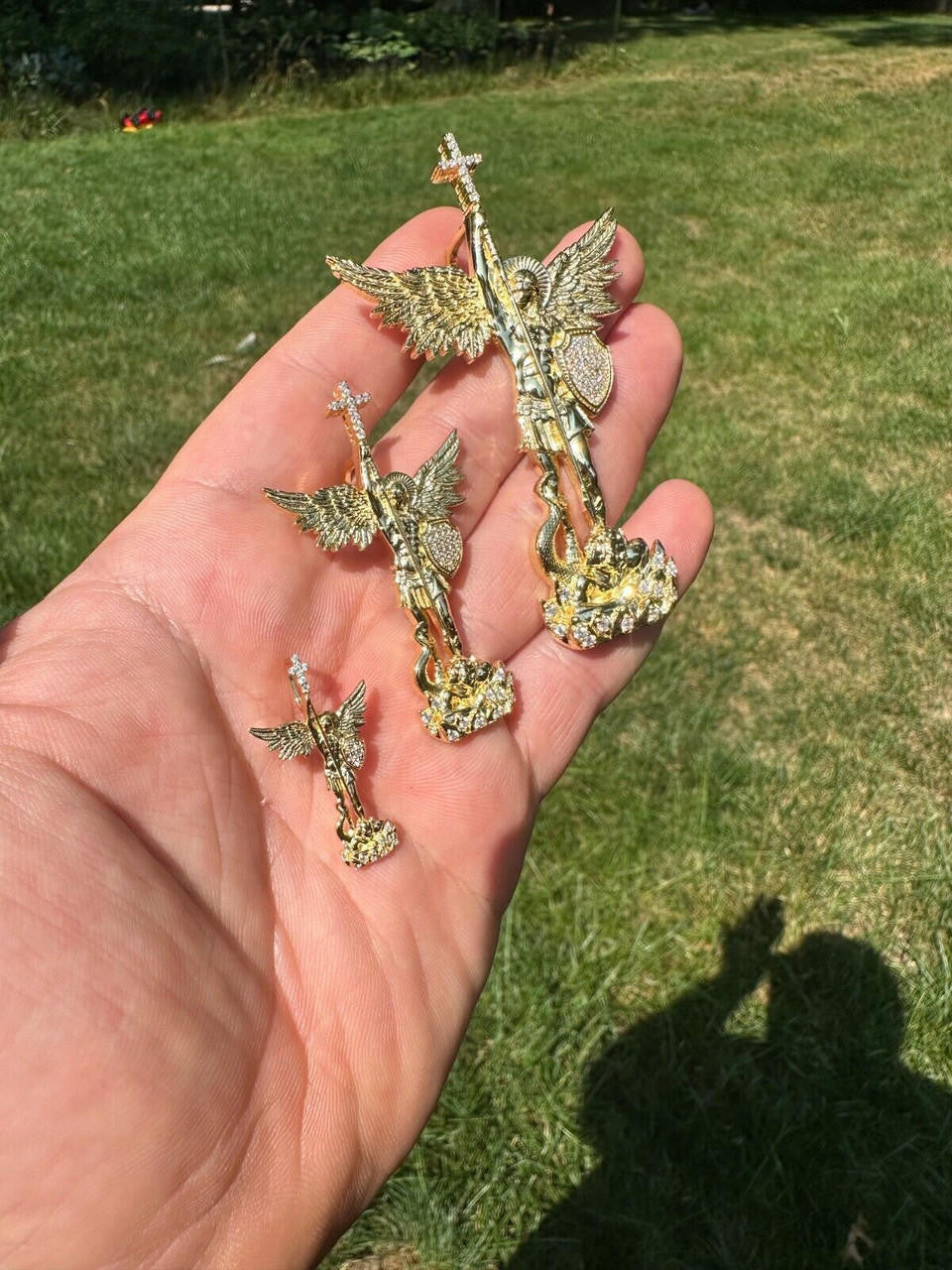 MOISSANITE Saint St Michael Slaying Dragon Archangel Pendant - 10k Yellow Gold - 3 Sizes 1"-3"