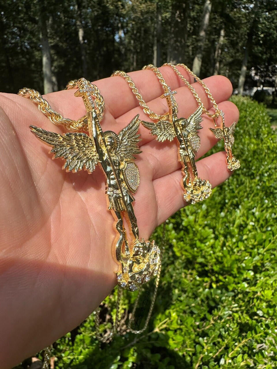 MOISSANITE Saint St Michael Slaying Dragon Archangel Pendant - 10k Yellow Gold - 3 Sizes 1"-3"