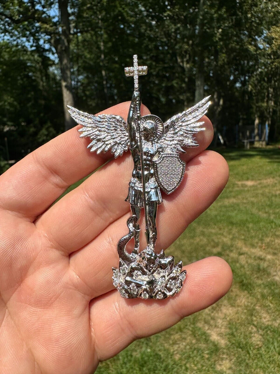 MOISSANITE Saint St Michael Slaying Dragon Archangel Pendant - 10k White Gold - 3 Sizes 1"-3"