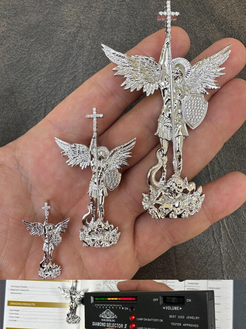 MOISSANITE Saint St Michael Slaying Dragon Archangel Pendant - 10k White Gold - 3 Sizes 1"-3"