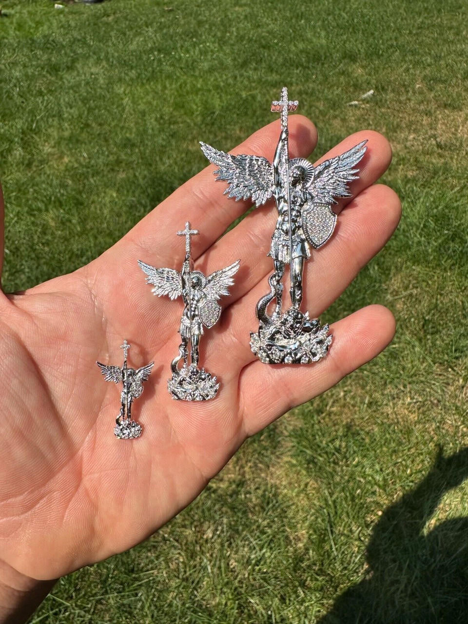 MOISSANITE Saint St Michael Slaying Dragon Archangel Pendant - 10k White Gold - 3 Sizes 1"-3"