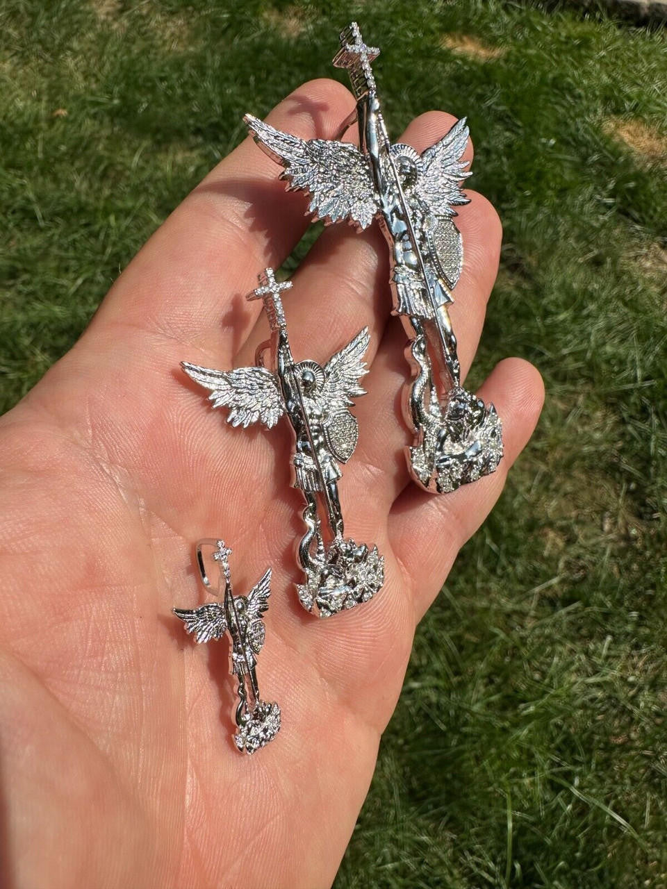 MOISSANITE Saint St Michael Slaying Dragon Archangel Pendant - 10k White Gold - 3 Sizes 1"-3"