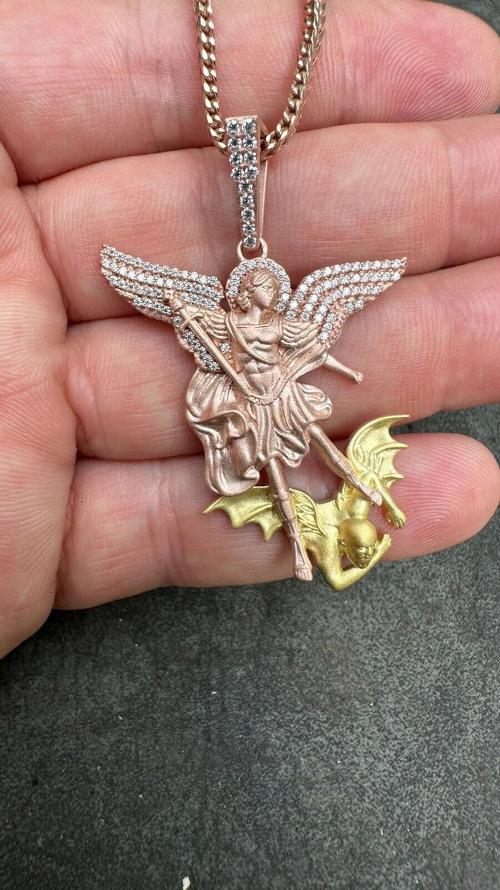 MOISSANITE Saint Michael Archangel Slaying Dragon Pendant - Sandblasted Matte Finish Rose Gold Vermeil & 14k Gold Vermeil 925 Silver - 3 Sizes 1.25"-3"