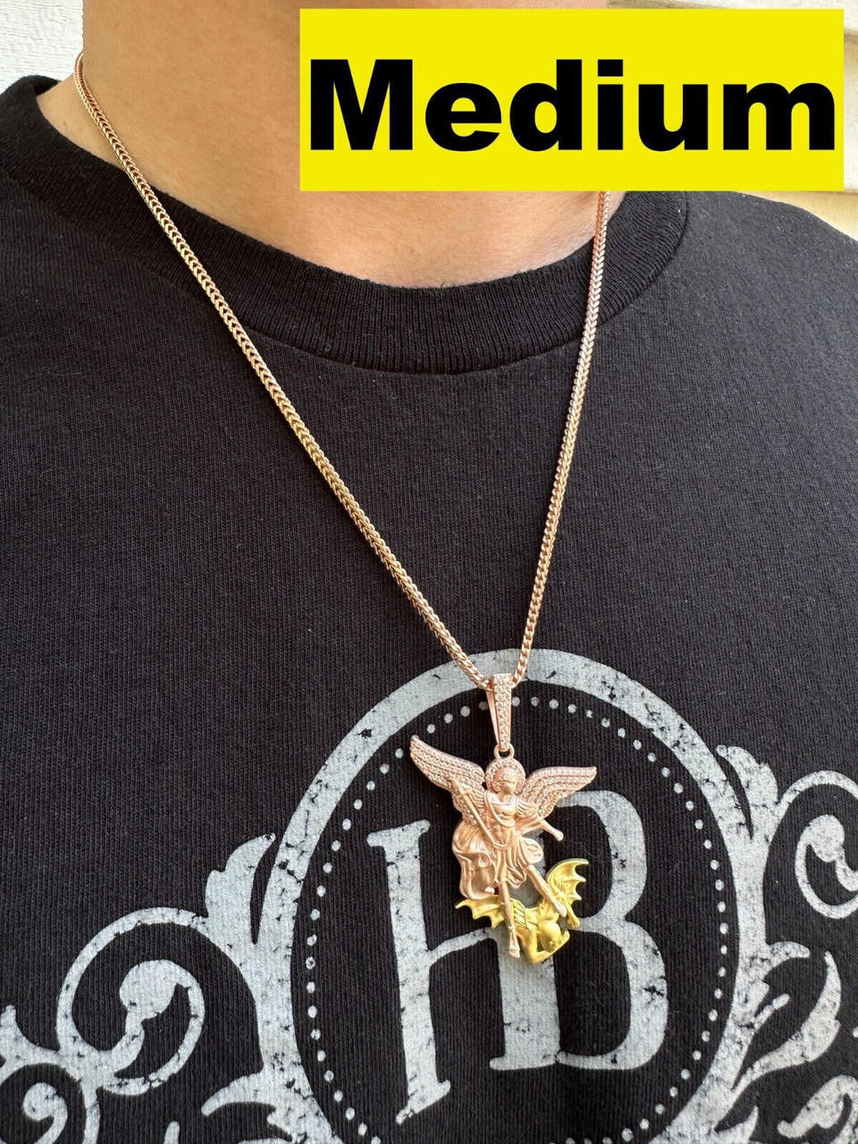 MOISSANITE Saint Michael Archangel Slaying Dragon Pendant - Sandblasted Matte Finish Rose Gold Vermeil & 14k Gold Vermeil 925 Silver - 3 Sizes 1.25"-3"