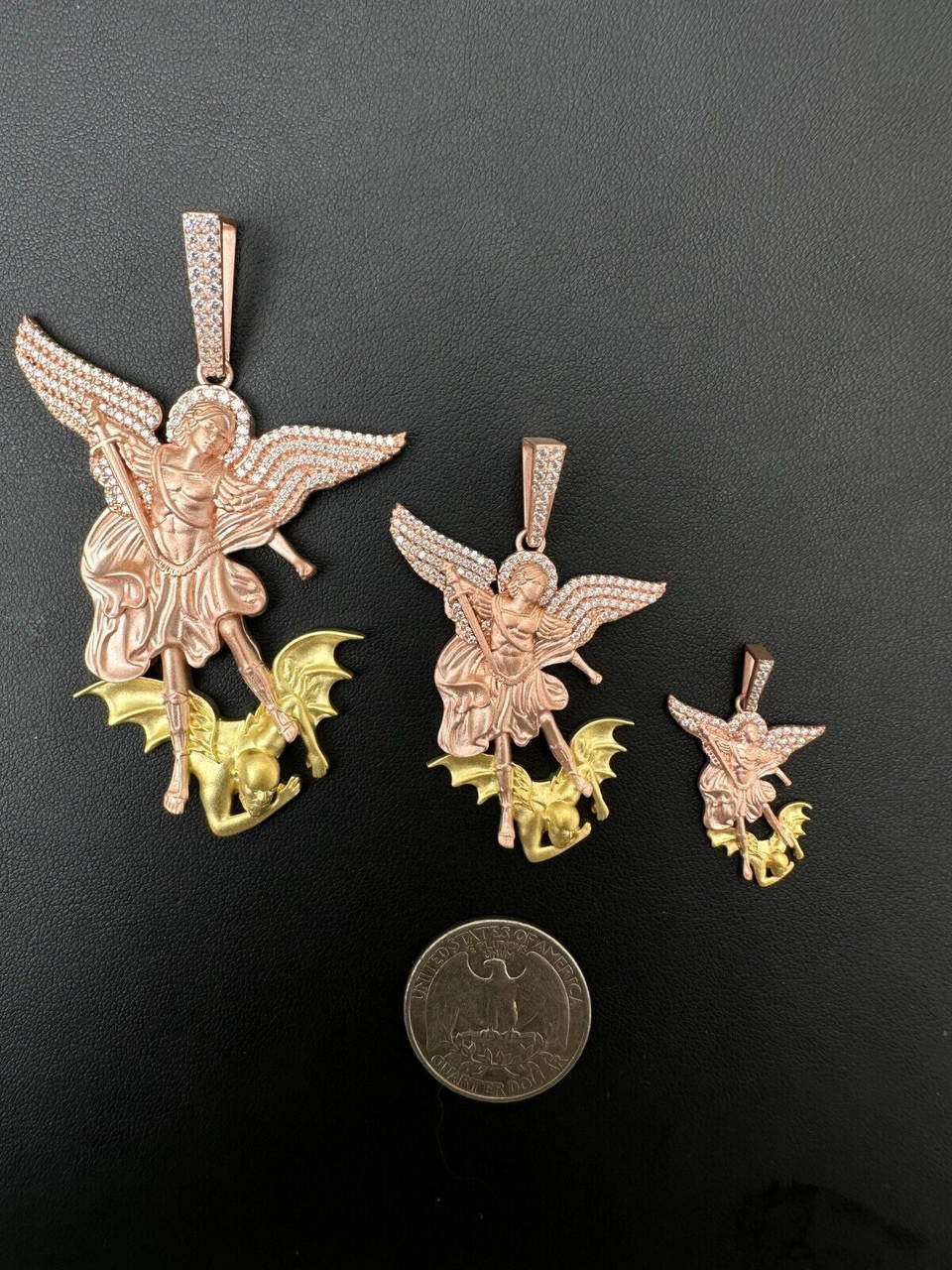 MOISSANITE Saint Michael Archangel Slaying Dragon Pendant - Sandblasted Matte Finish Rose Gold Vermeil & 14k Gold Vermeil 925 Silver - 3 Sizes 1.25"-3"