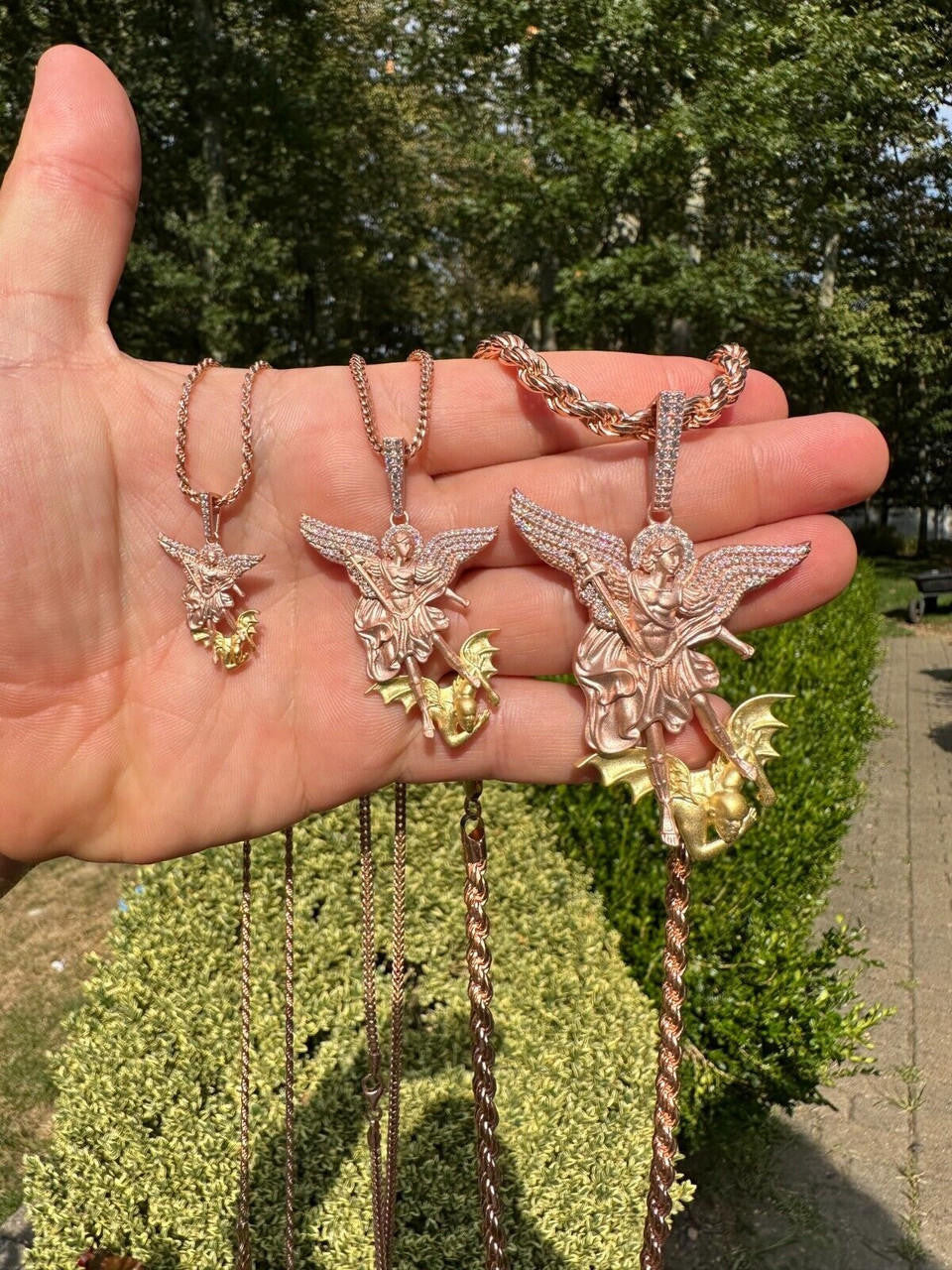MOISSANITE Saint Michael Archangel Slaying Dragon Pendant - Sandblasted Matte Finish Rose Gold Vermeil & 14k Gold Vermeil 925 Silver - 3 Sizes 1.25"-3"