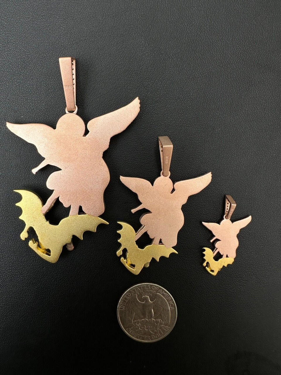 MOISSANITE Saint Michael Archangel Slaying Dragon Pendant - Sandblasted Matte Finish Rose Gold Vermeil & 14k Gold Vermeil 925 Silver - 3 Sizes 1.25"-3"