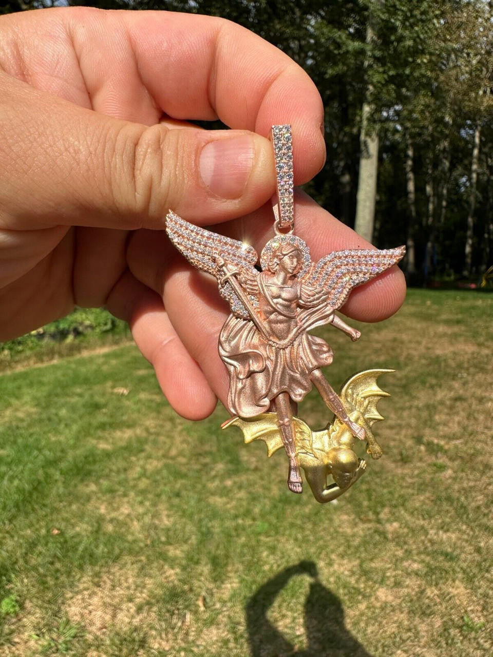 MOISSANITE Saint Michael Archangel Slaying Dragon Pendant - Sandblasted Matte Finish Rose Gold Vermeil & 14k Gold Vermeil 925 Silver - 3 Sizes 1.25"-3"