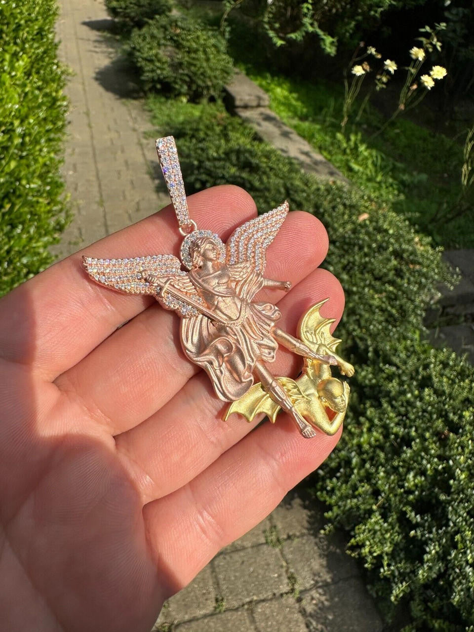 MOISSANITE Saint Michael Archangel Slaying Dragon Pendant - Sandblasted Matte Finish Rose Gold Vermeil & 14k Gold Vermeil 925 Silver - 3 Sizes 1.25"-3"