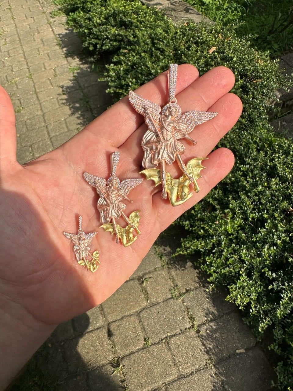 MOISSANITE Saint Michael Archangel Slaying Dragon Pendant - Sandblasted Matte Finish Rose Gold Vermeil & 14k Gold Vermeil 925 Silver - 3 Sizes 1.25"-3"