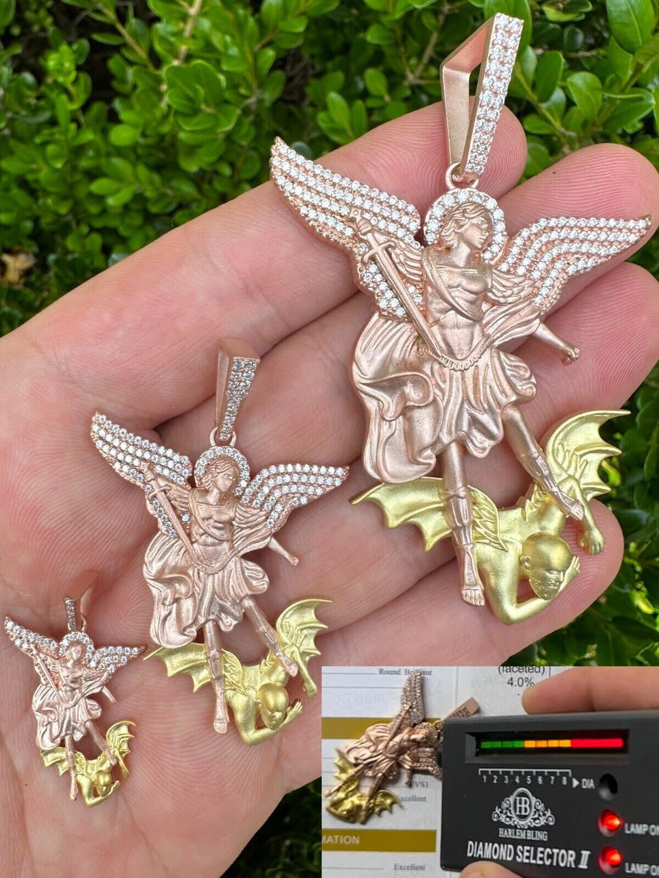MOISSANITE Saint Michael Archangel Slaying Dragon Pendant - Sandblasted Matte Finish Rose Gold Vermeil & 14k Gold Vermeil 925 Silver - 3 Sizes 1.25"-3"