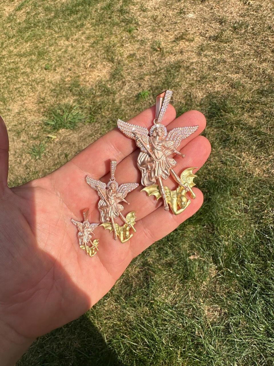 MOISSANITE Saint Michael Archangel Slaying Dragon Pendant - Sandblasted Matte Finish Rose Gold Vermeil & 14k Gold Vermeil 925 Silver - 3 Sizes 1.25"-3"