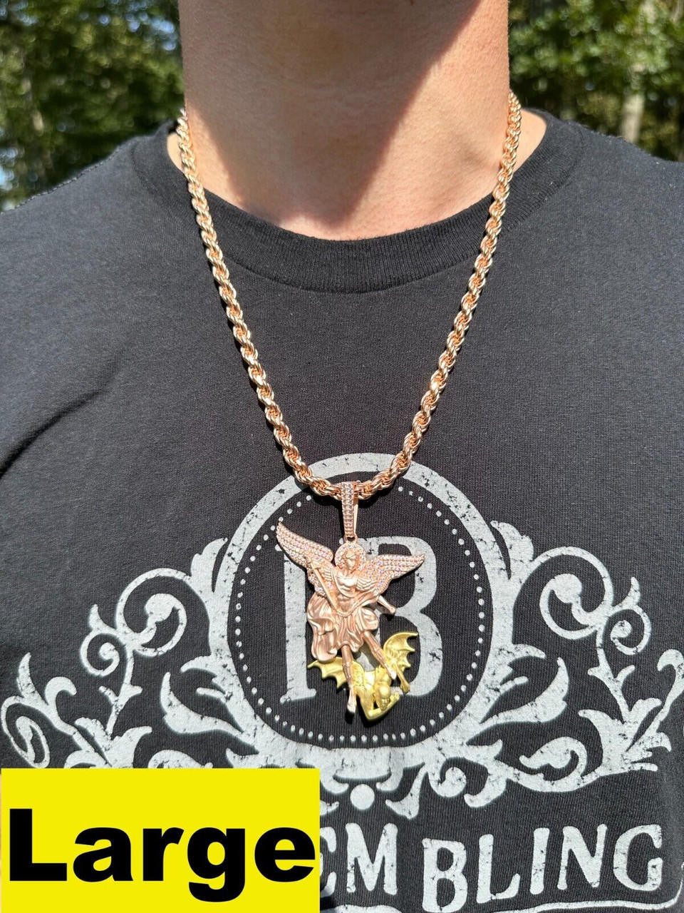 MOISSANITE Saint Michael Archangel Slaying Dragon Pendant - Sandblasted Matte Finish Rose Gold Vermeil & 14k Gold Vermeil 925 Silver - 3 Sizes 1.25"-3"