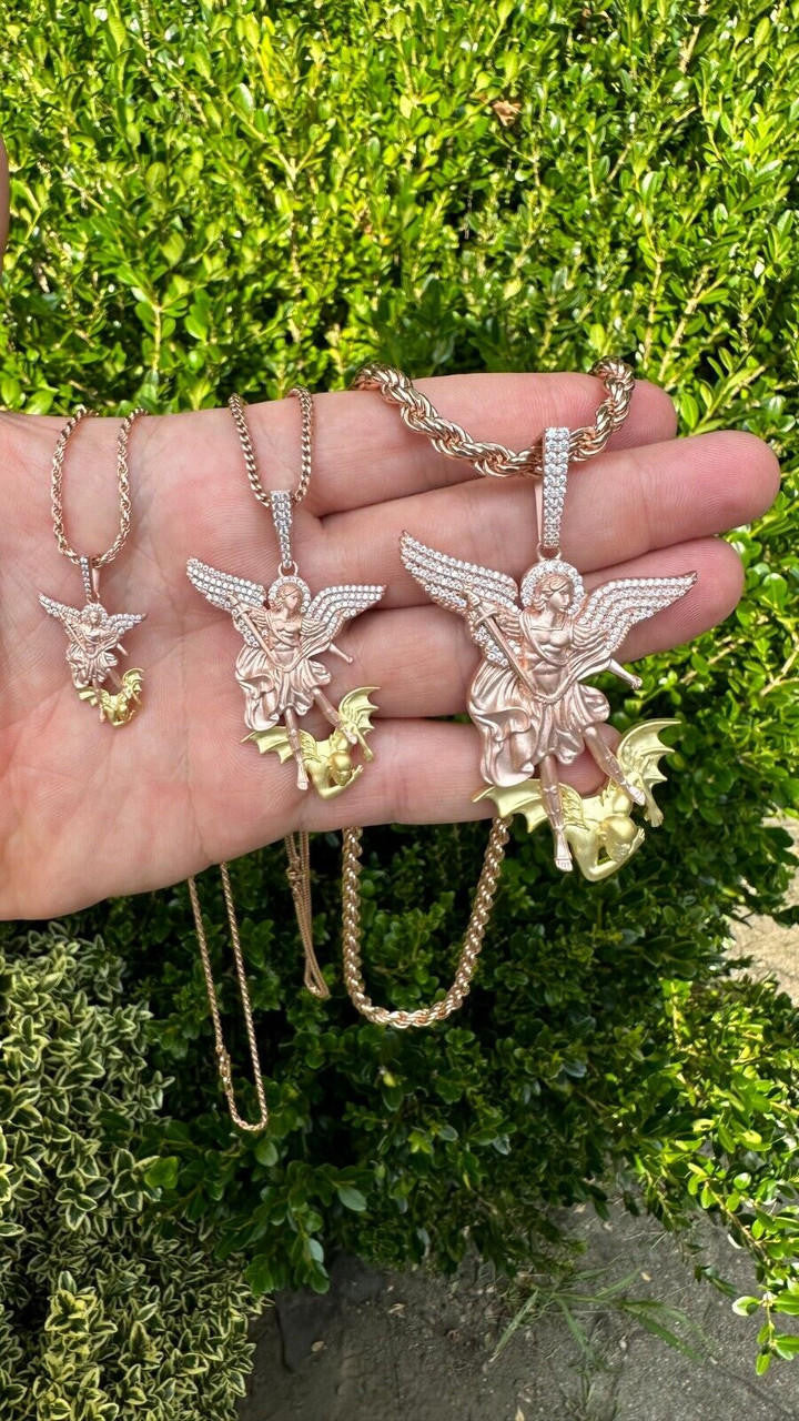 MOISSANITE Saint Michael Archangel Slaying Dragon Pendant - Sandblasted Matte Finish Rose Gold Vermeil & 14k Gold Vermeil 925 Silver - 3 Sizes 1.25"-3"