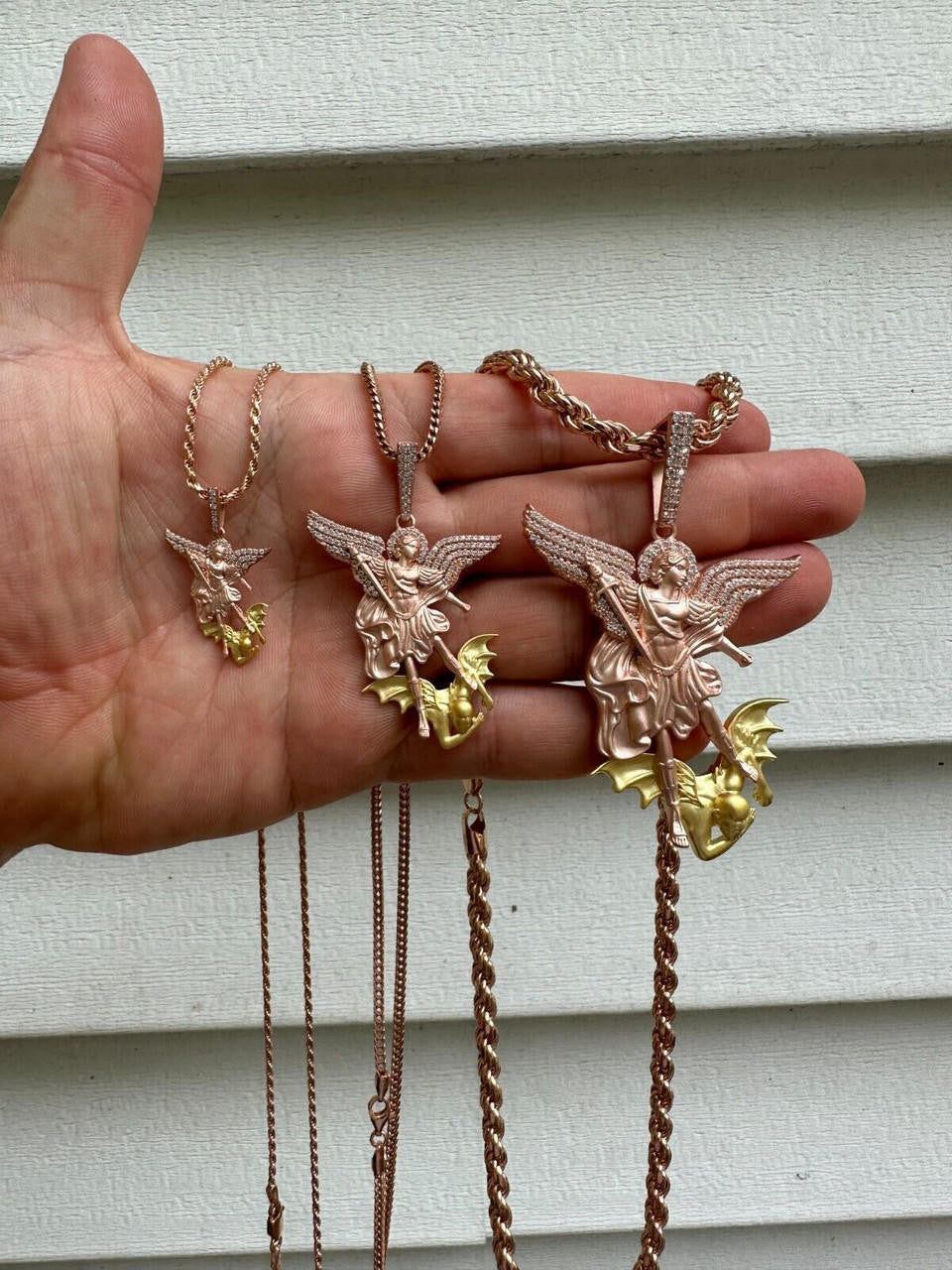 MOISSANITE Saint Michael Archangel Slaying Dragon Pendant - Sandblasted Matte Finish Rose Gold Vermeil & 14k Gold Vermeil 925 Silver - 3 Sizes 1.25"-3"