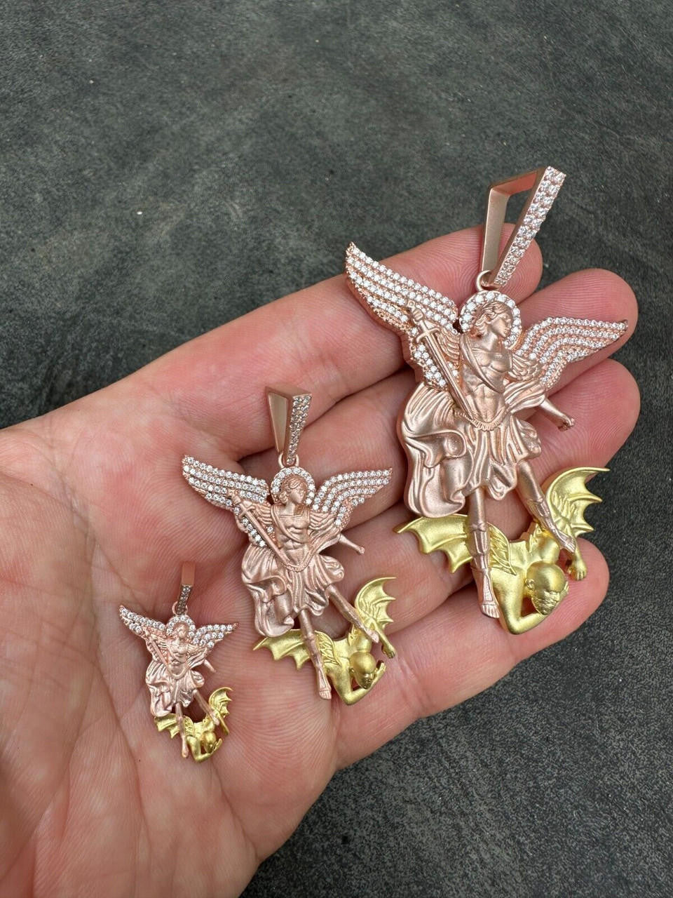 MOISSANITE Saint Michael Archangel Slaying Dragon Pendant - Sandblasted Matte Finish Rose Gold Vermeil & 14k Gold Vermeil 925 Silver - 3 Sizes 1.25"-3"