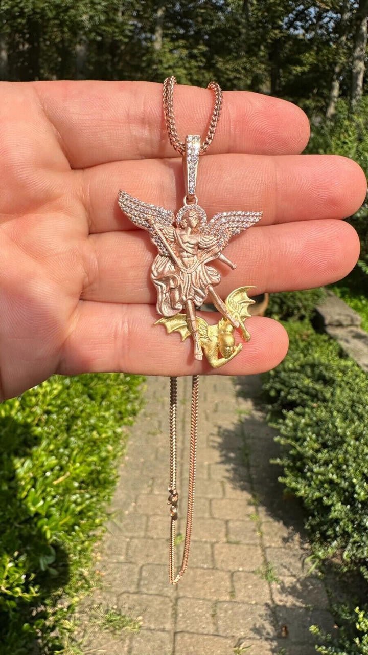MOISSANITE Saint Michael Archangel Slaying Dragon Pendant - Sandblasted Matte Finish Rose Gold Vermeil & 14k Gold Vermeil 925 Silver - 3 Sizes 1.25"-3"