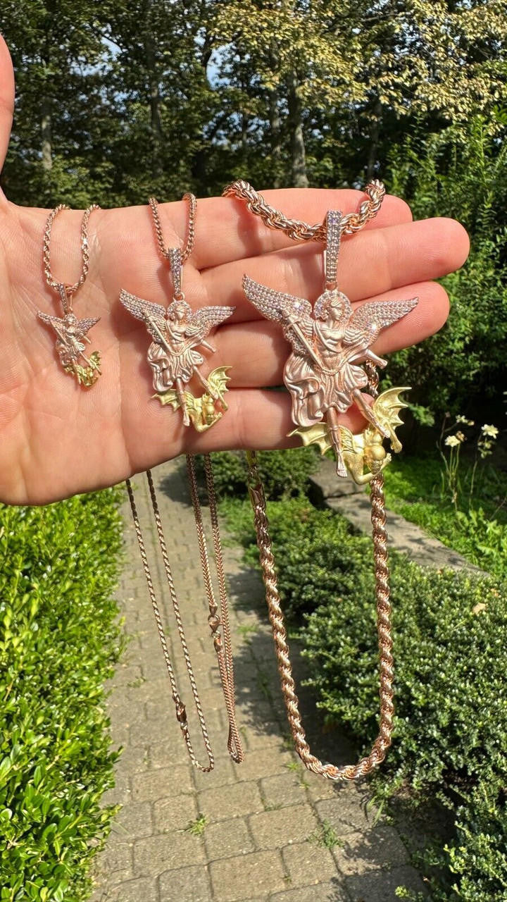 MOISSANITE Saint Michael Archangel Slaying Dragon Pendant - Sandblasted Matte Finish Rose Gold Vermeil & 14k Gold Vermeil 925 Silver - 3 Sizes 1.25"-3"
