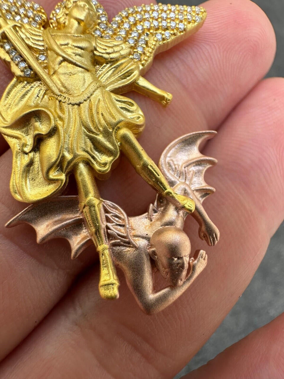 MOISSANITE Saint Michael Archangel Slaying Dragon Pendant - Sandblasted Matte Finish 14k Gold Vermeil and Rose Gold Vermeil 925 Silver  - 3 Sizes 1.25"-3"