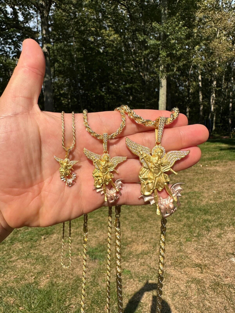 MOISSANITE Saint Michael Archangel Slaying Dragon Pendant - Sandblasted Matte Finish 14k Gold Vermeil and Rose Gold Vermeil 925 Silver  - 3 Sizes 1.25"-3"