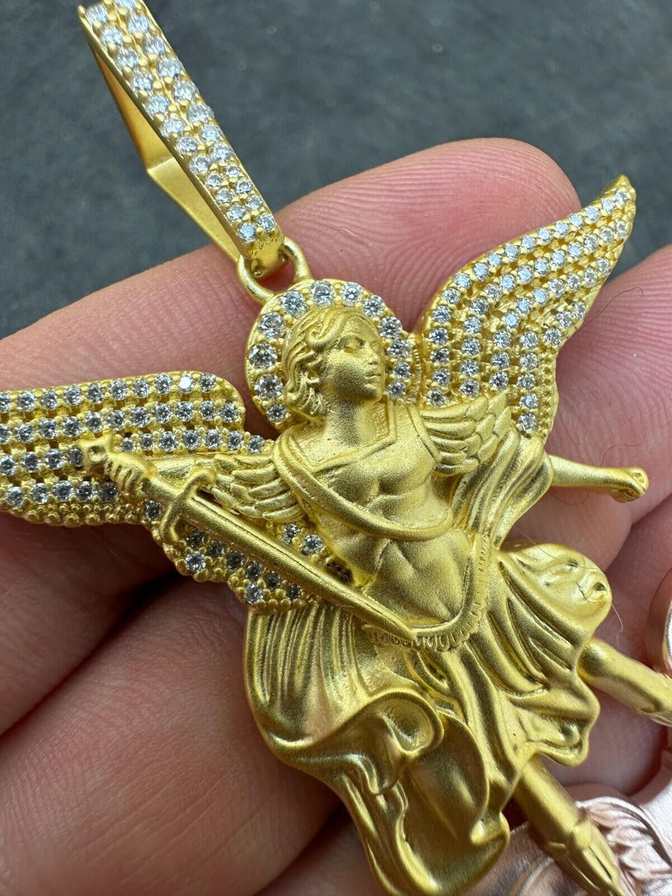 MOISSANITE Saint Michael Archangel Slaying Dragon Pendant - Sandblasted Matte Finish 14k Gold Vermeil and Rose Gold Vermeil 925 Silver  - 3 Sizes 1.25"-3"