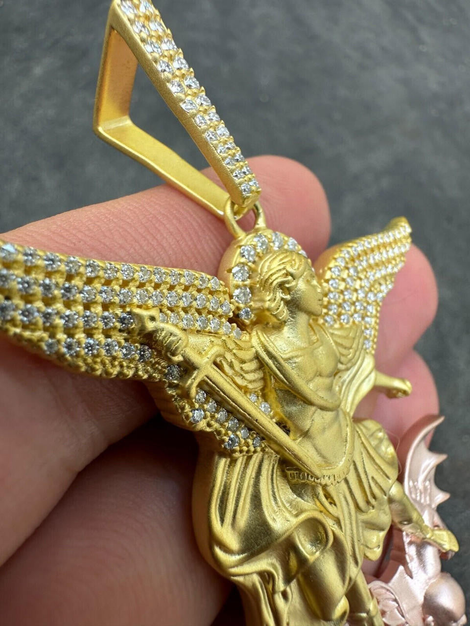 MOISSANITE Saint Michael Archangel Slaying Dragon Pendant - Sandblasted Matte Finish 14k Gold Vermeil and Rose Gold Vermeil 925 Silver  - 3 Sizes 1.25"-3"