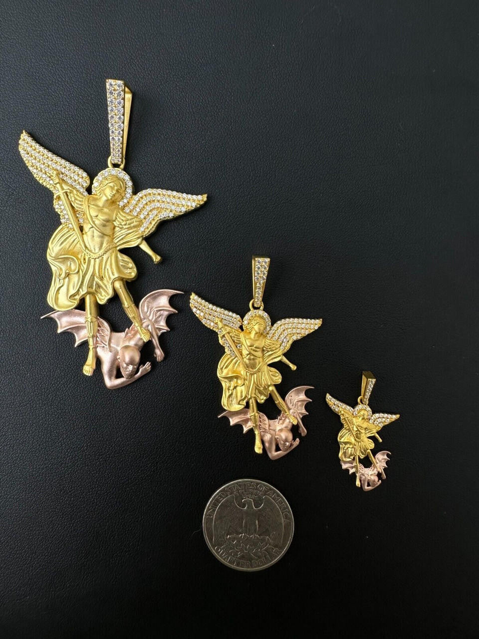 MOISSANITE Saint Michael Archangel Slaying Dragon Pendant - Sandblasted Matte Finish 14k Gold Vermeil and Rose Gold Vermeil 925 Silver  - 3 Sizes 1.25"-3"