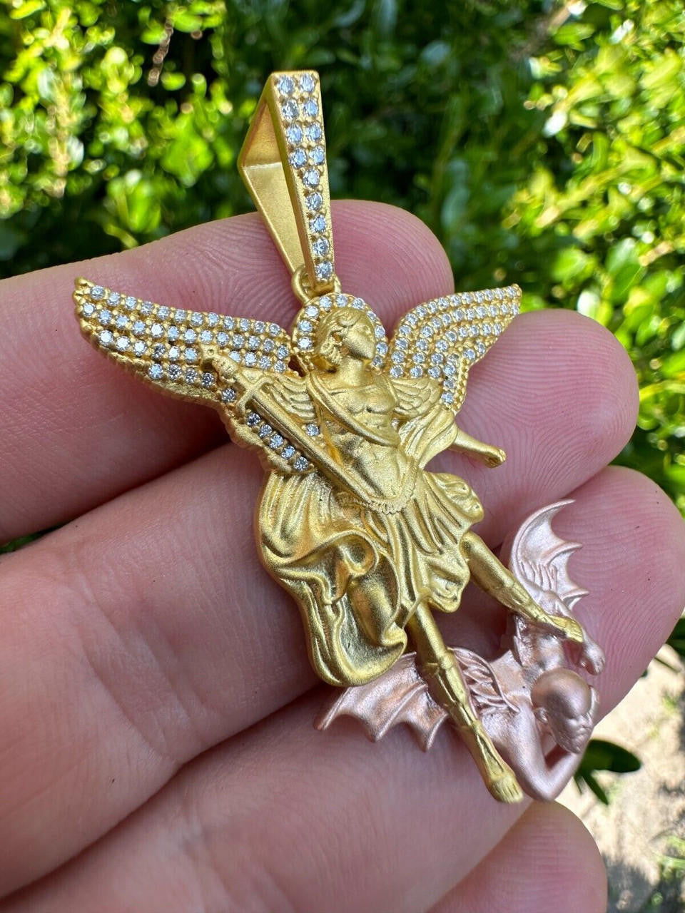 MOISSANITE Saint Michael Archangel Slaying Dragon Pendant - Sandblasted Matte Finish 14k Gold Vermeil and Rose Gold Vermeil 925 Silver  - 3 Sizes 1.25"-3"