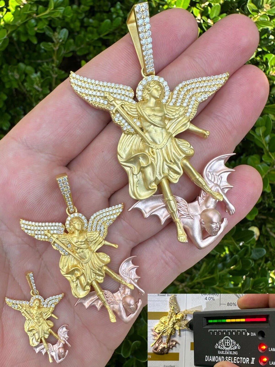 MOISSANITE Saint Michael Archangel Slaying Dragon Pendant - Sandblasted Matte Finish 14k Gold Vermeil and Rose Gold Vermeil 925 Silver  - 3 Sizes 1.25"-3"