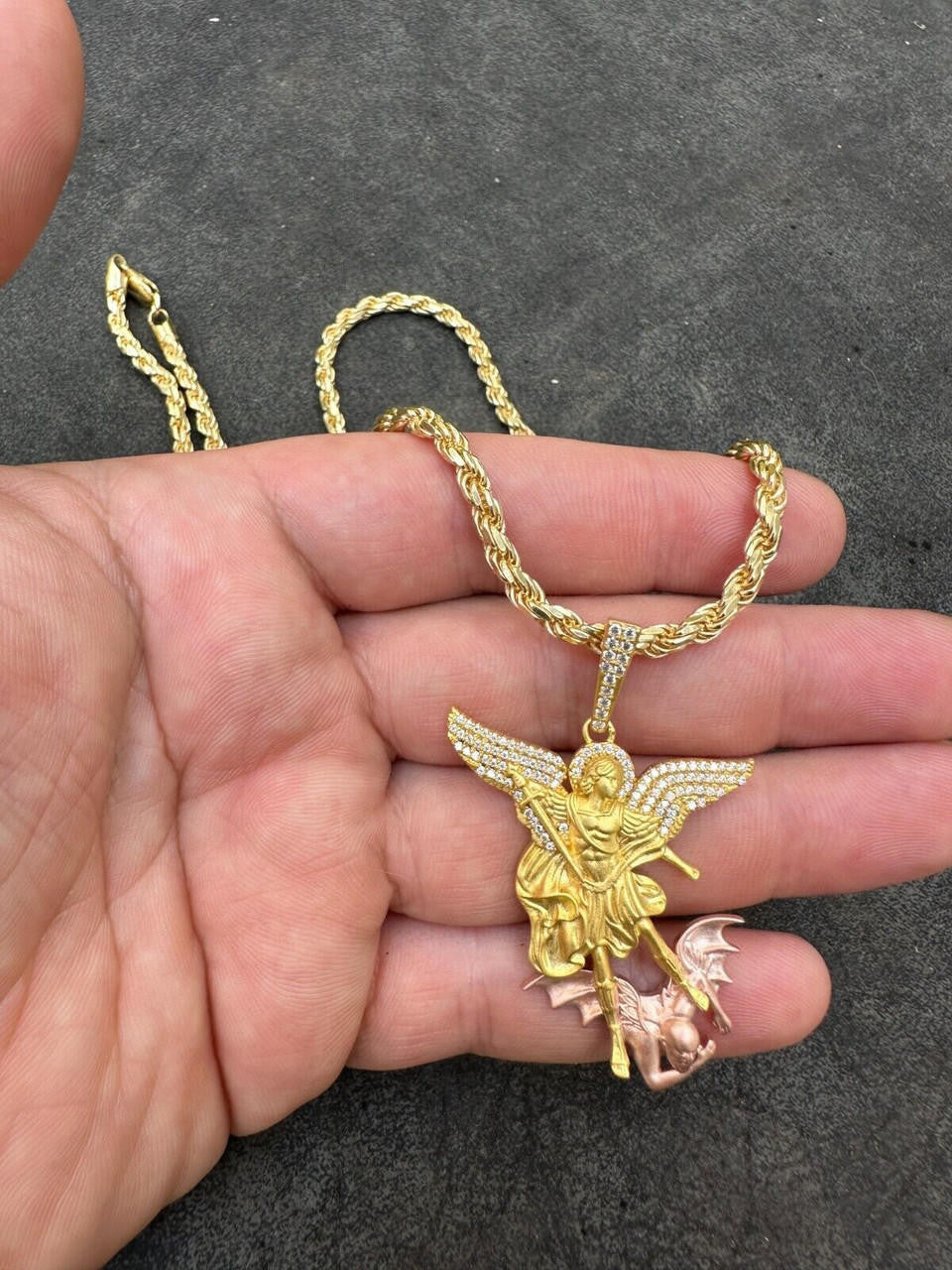 MOISSANITE Saint Michael Archangel Slaying Dragon Pendant - Sandblasted Matte Finish 14k Gold Vermeil and Rose Gold Vermeil 925 Silver  - 3 Sizes 1.25"-3"