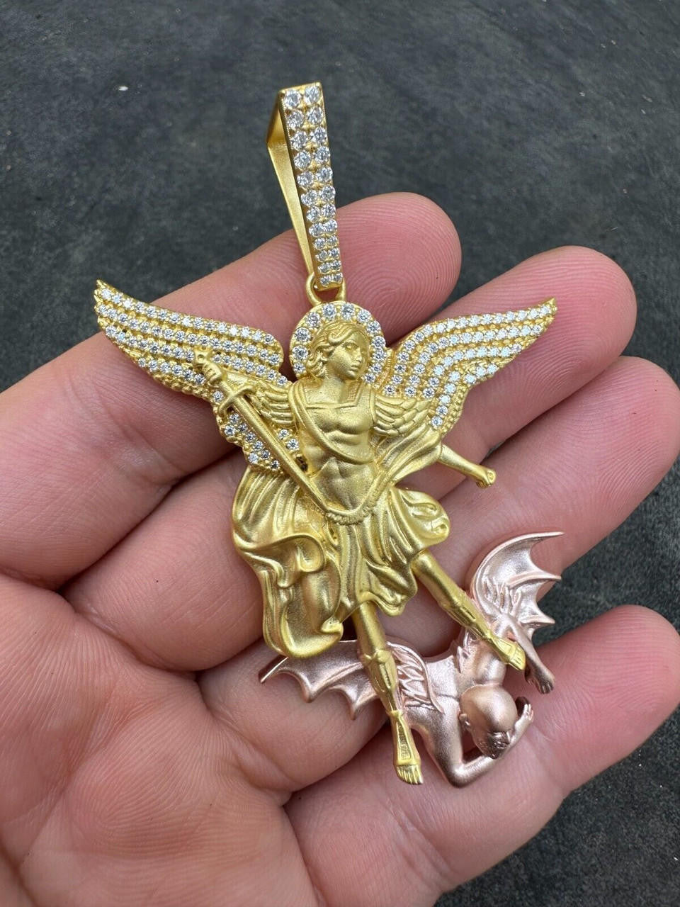 MOISSANITE Saint Michael Archangel Slaying Dragon Pendant - Sandblasted Matte Finish 14k Gold Vermeil and Rose Gold Vermeil 925 Silver  - 3 Sizes 1.25"-3"