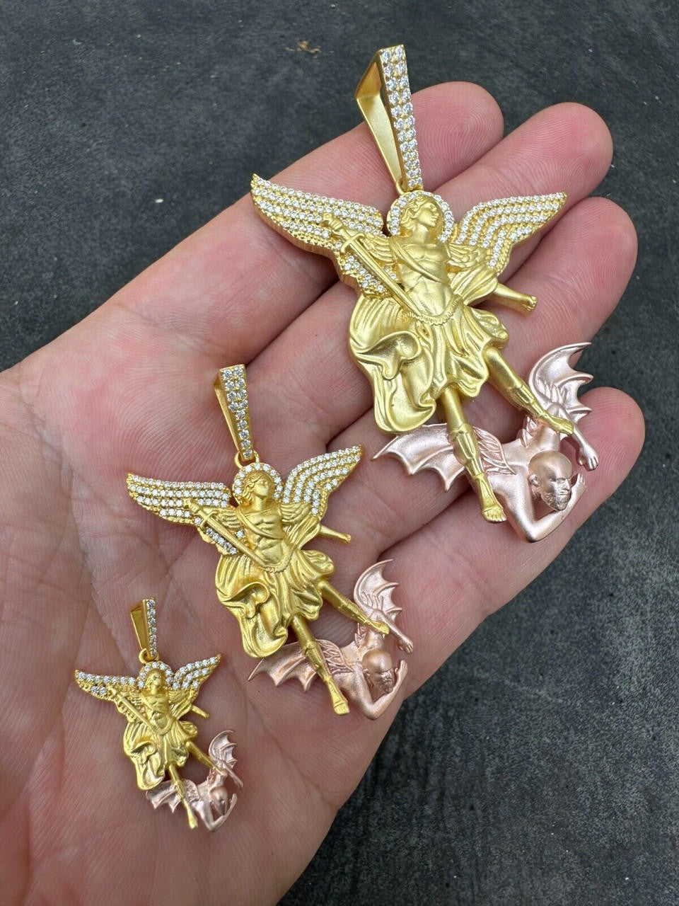 MOISSANITE Saint Michael Archangel Slaying Dragon Pendant - Sandblasted Matte Finish 14k Gold Vermeil and Rose Gold Vermeil 925 Silver  - 3 Sizes 1.25"-3"