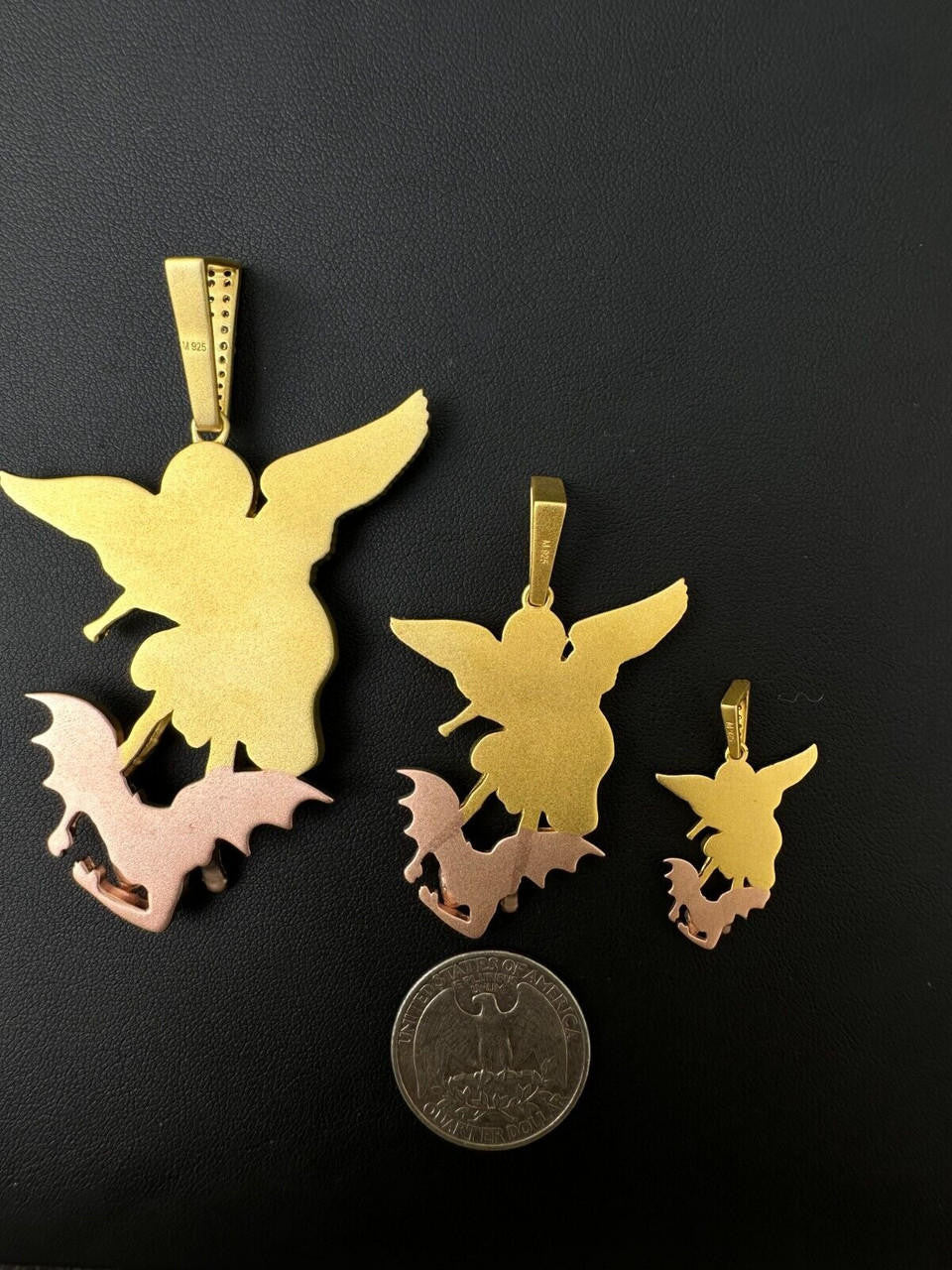 MOISSANITE Saint Michael Archangel Slaying Dragon Pendant - Sandblasted Matte Finish 14k Gold Vermeil and Rose Gold Vermeil 925 Silver  - 3 Sizes 1.25"-3"