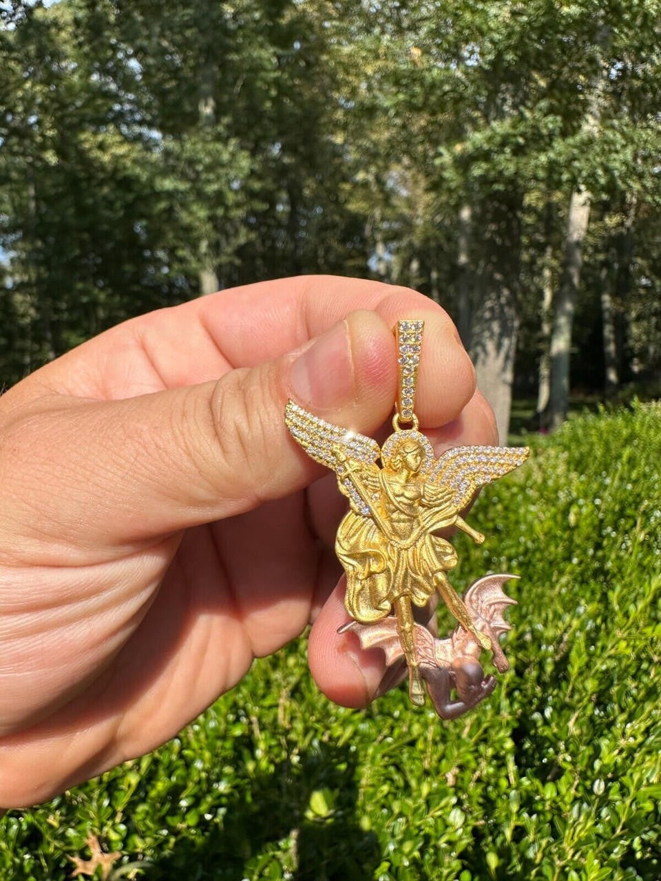 MOISSANITE Saint Michael Archangel Slaying Dragon Pendant - Sandblasted Matte Finish 14k Gold Vermeil and Rose Gold Vermeil 925 Silver  - 3 Sizes 1.25"-3"