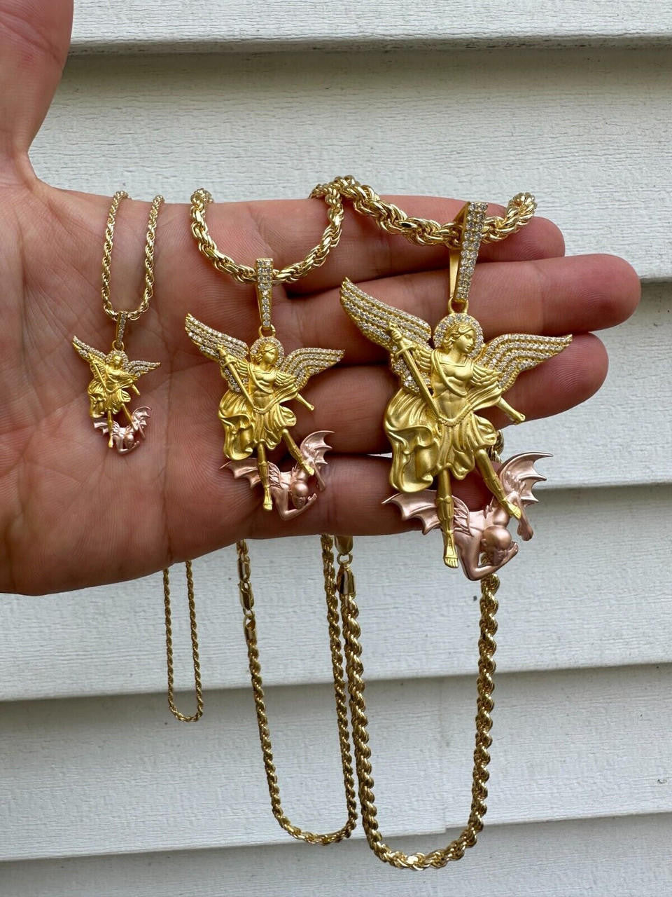 MOISSANITE Saint Michael Archangel Slaying Dragon Pendant - Sandblasted Matte Finish 14k Gold Vermeil and Rose Gold Vermeil 925 Silver  - 3 Sizes 1.25"-3"