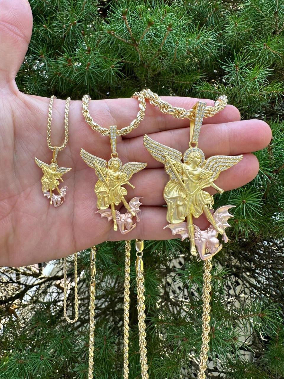 MOISSANITE Saint Michael Archangel Slaying Dragon Pendant - Sandblasted Matte Finish 14k Gold Vermeil and Rose Gold Vermeil 925 Silver  - 3 Sizes 1.25"-3"