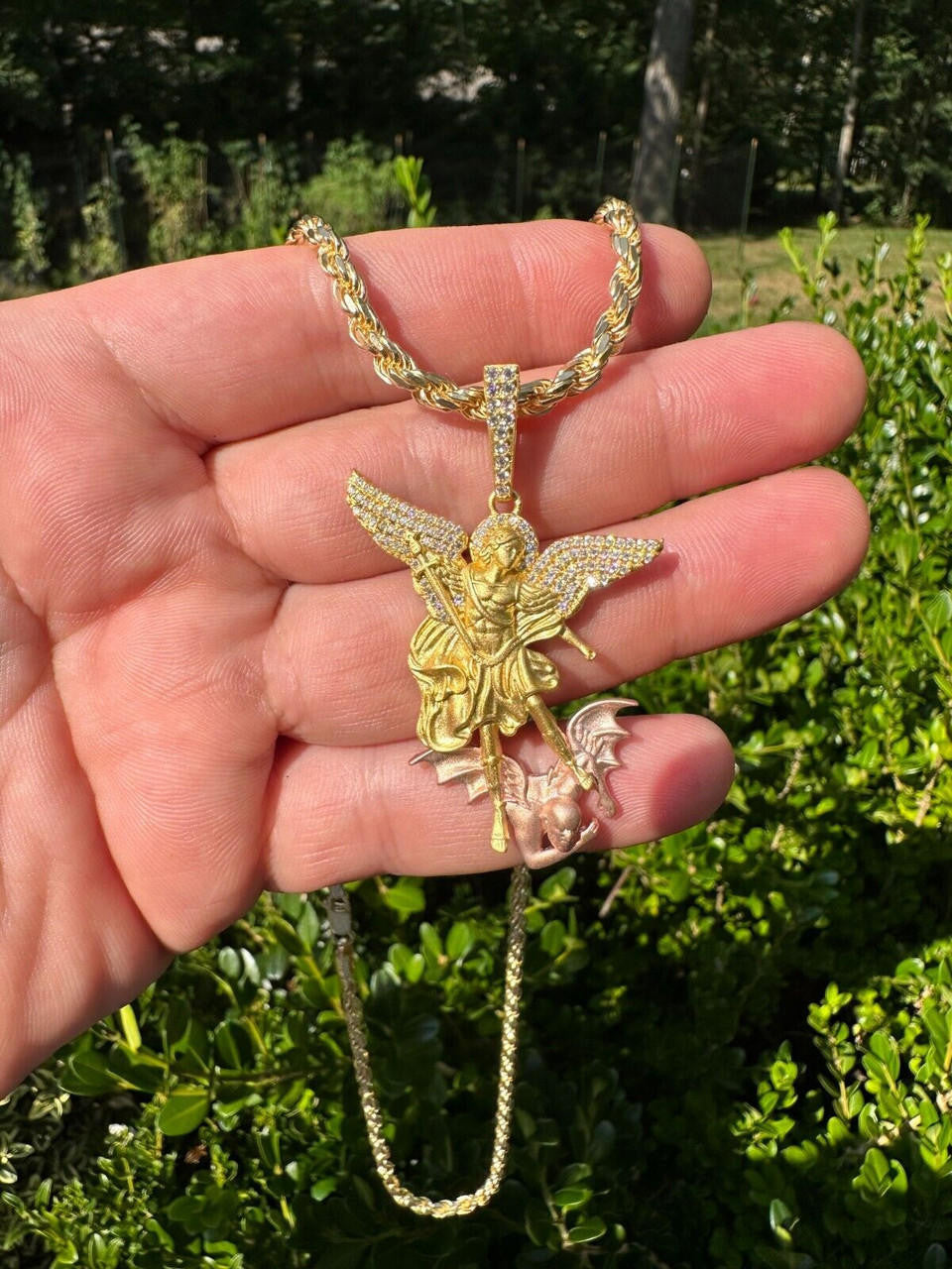 MOISSANITE Saint Michael Archangel Slaying Dragon Pendant - Sandblasted Matte Finish 14k Gold Vermeil and Rose Gold Vermeil 925 Silver  - 3 Sizes 1.25"-3"