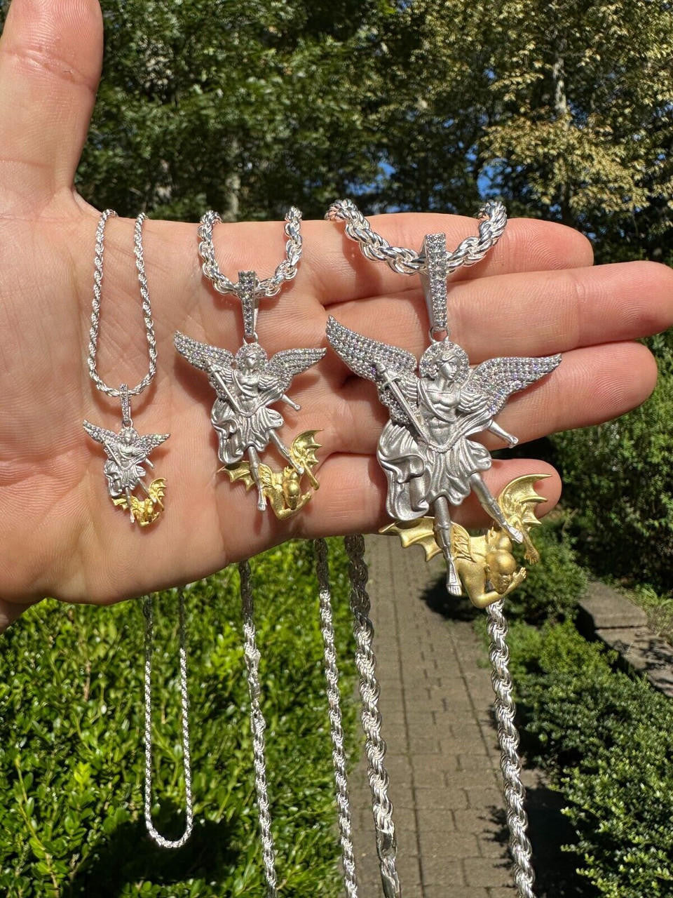 MOISSANITE Saint Michael Archangel Slaying Dragon Pendant - Sandblasted Matte Finish 925 Silver & 14k Gold Vermeil - 3 Sizes 1.25"-3"