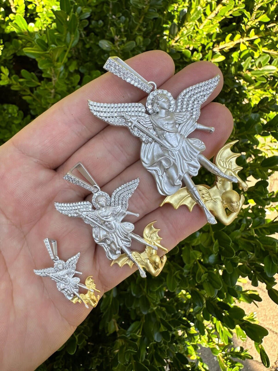 MOISSANITE Saint Michael Archangel Slaying Dragon Pendant - Sandblasted Matte Finish 925 Silver & 14k Gold Vermeil - 3 Sizes 1.25"-3"